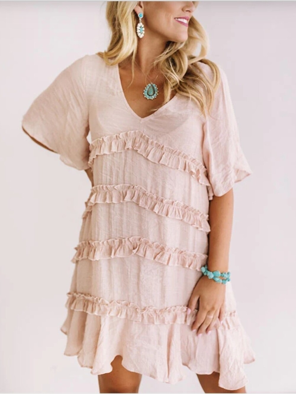 Jade By Jane Entro Tiered Ruffle Mini Dress Boho Coastal Whimsical - Picture 2 of 8